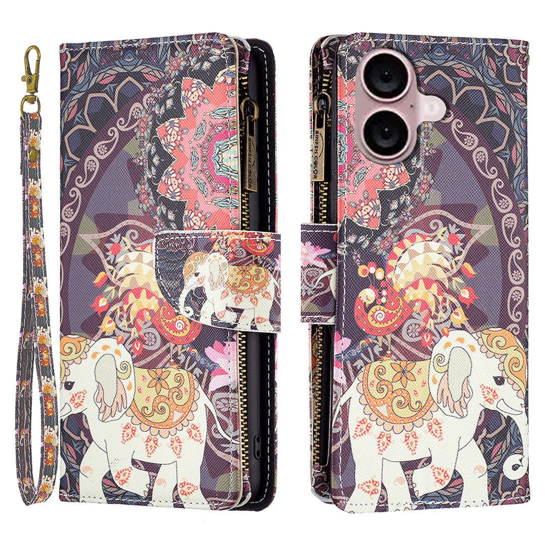 BF03 For iPhone 16 Plus Case Pattern Printing Zipper Leather Phone Stand Cover - Flowers and Elephant