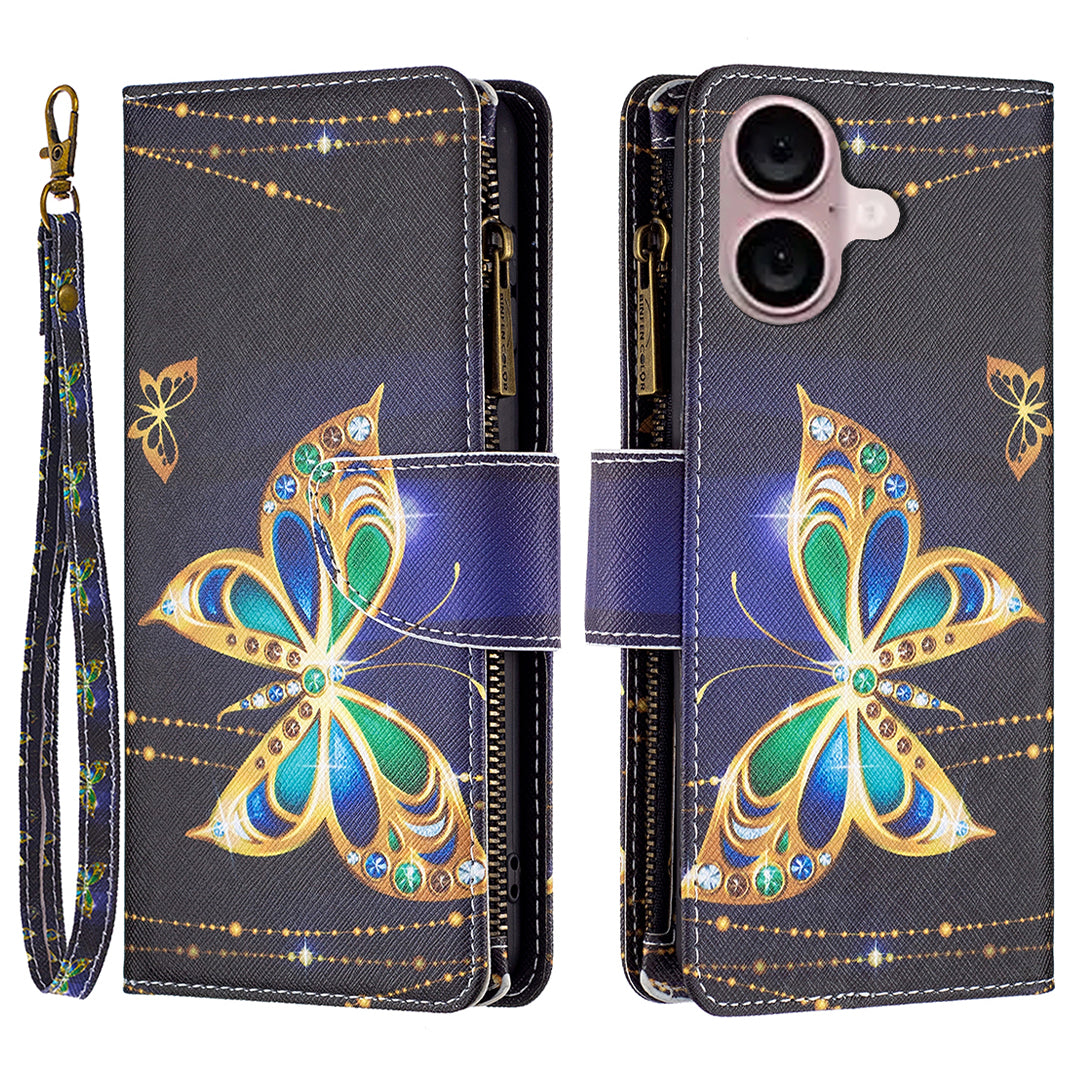 BF03 For iPhone 16 Plus Case Pattern Printing Zipper Leather Phone Stand Cover - Rhinestone Butterfly