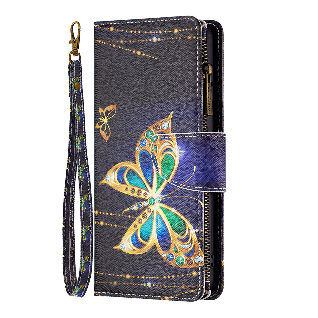 BF03 For iPhone 16 Plus Case Pattern Printing Zipper Leather Phone Stand Cover - Rhinestone Butterfly