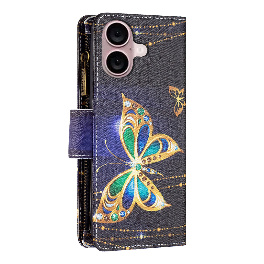 BF03 For iPhone 16 Plus Case Pattern Printing Zipper Leather Phone Stand Cover - Rhinestone Butterfly