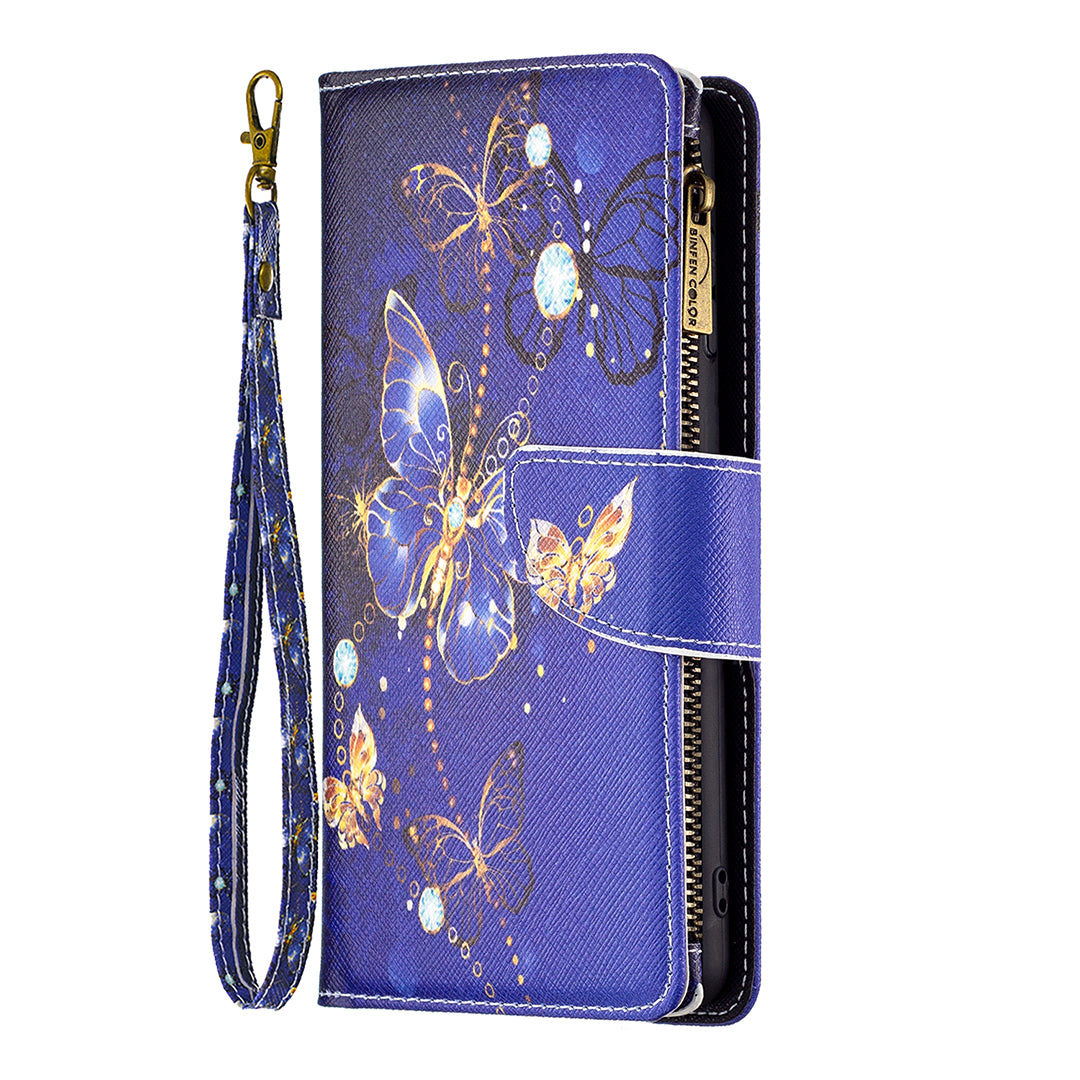 BF03 For iPhone 16 Plus Case Pattern Printing Zipper Leather Phone Stand Cover - Purple Butterflies