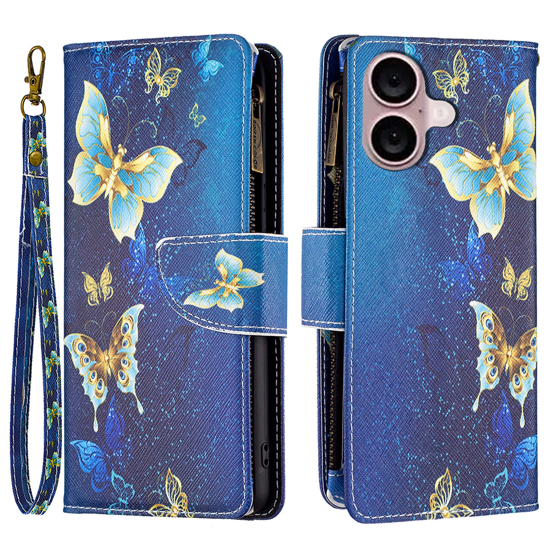 BF03 For iPhone 16 Plus Case Pattern Printing Zipper Leather Phone Stand Cover - Golden Butterflies