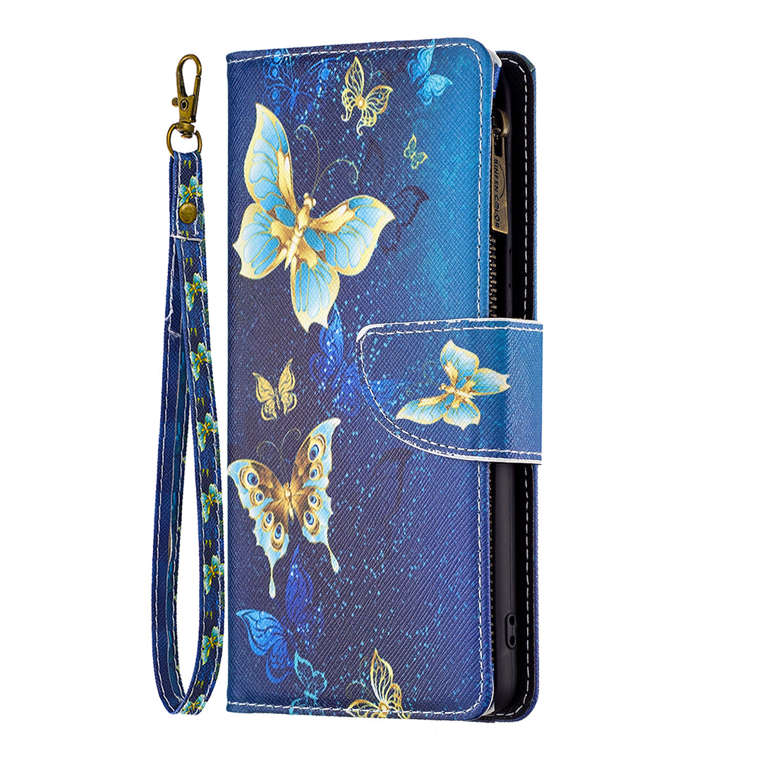 BF03 For iPhone 16 Plus Case Pattern Printing Zipper Leather Phone Stand Cover - Golden Butterflies