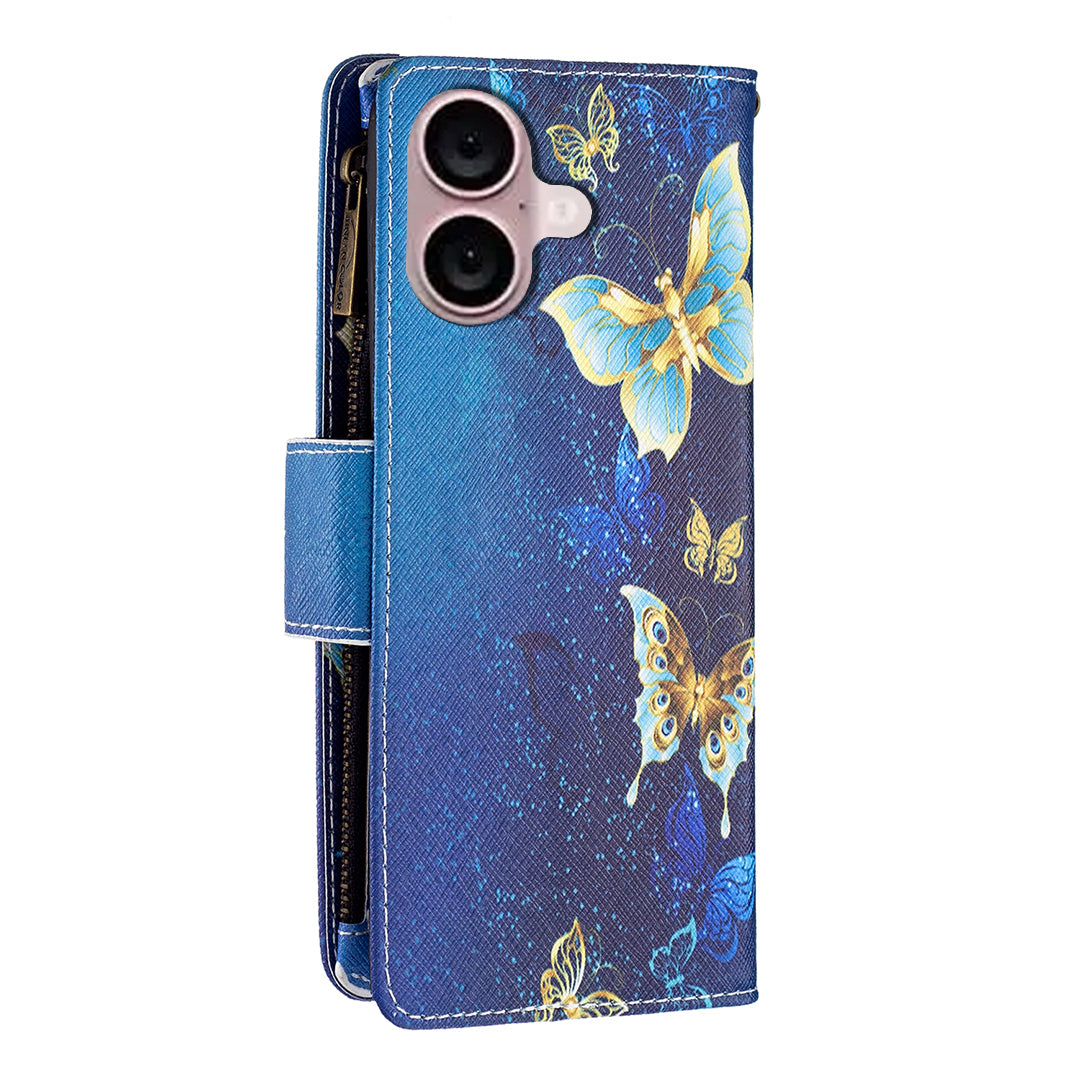 BF03 For iPhone 16 Plus Case Pattern Printing Zipper Leather Phone Stand Cover - Golden Butterflies