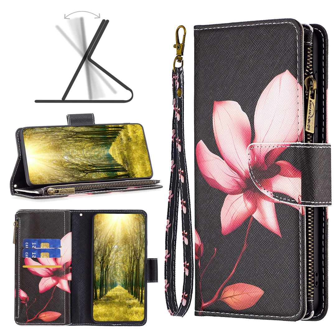 BF03 For iPhone 16 Plus Case Pattern Printing Zipper Leather Phone Stand Cover - Lotus