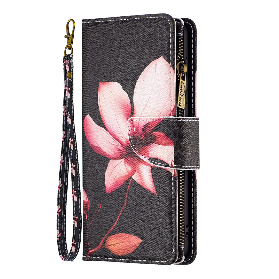 BF03 For iPhone 16 Plus Case Pattern Printing Zipper Leather Phone Stand Cover - Lotus