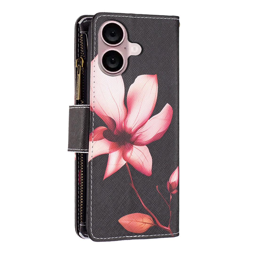 BF03 For iPhone 16 Plus Case Pattern Printing Zipper Leather Phone Stand Cover - Lotus