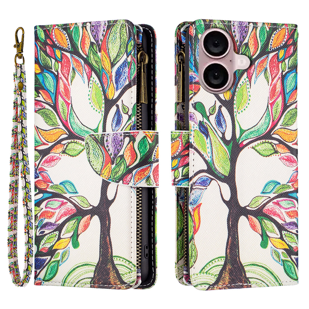 BF03 For iPhone 16 Case Pattern Printing Zipper Leather Phone Stand Cover - Life Tree