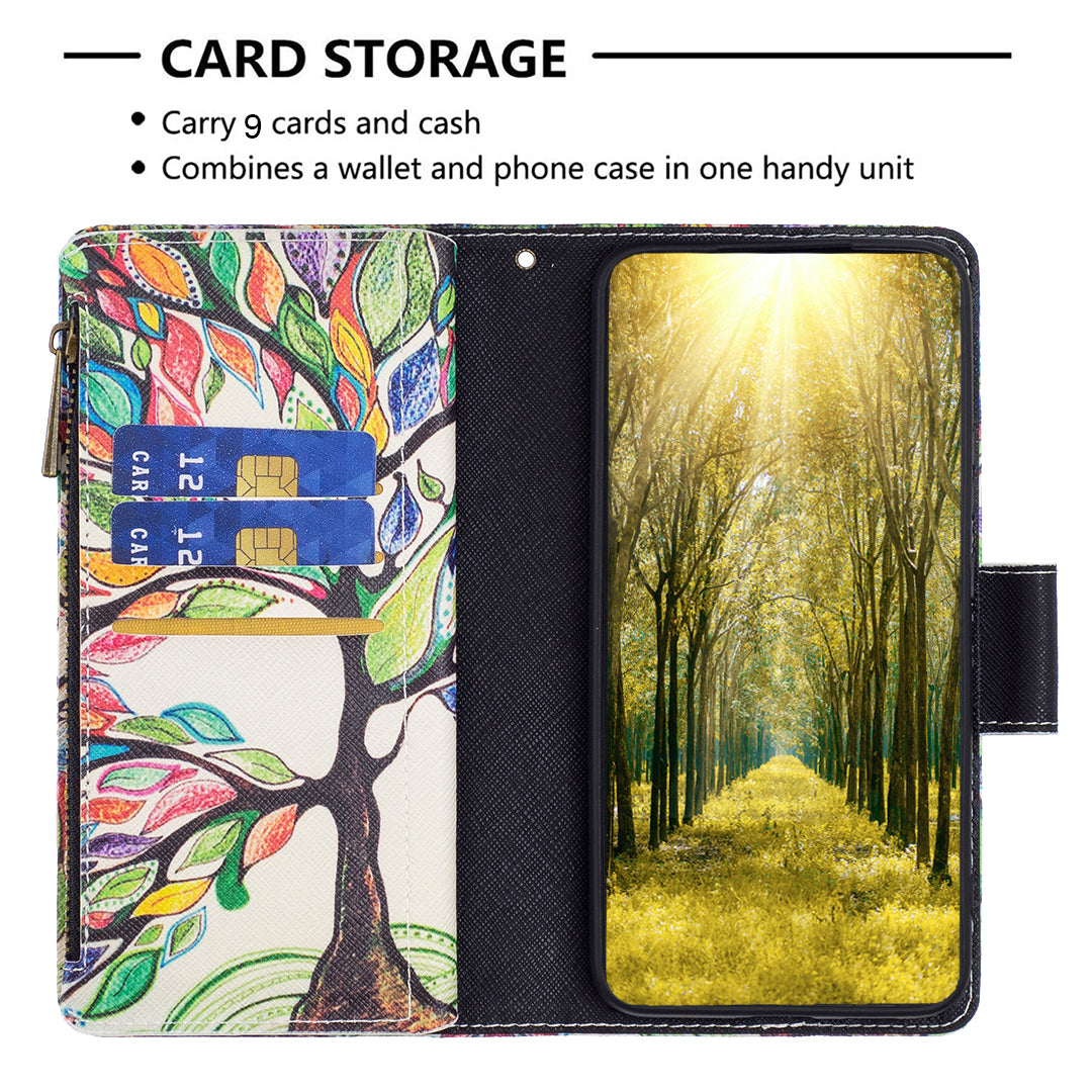 BF03 For iPhone 16 Case Pattern Printing Zipper Leather Phone Stand Cover - Life Tree