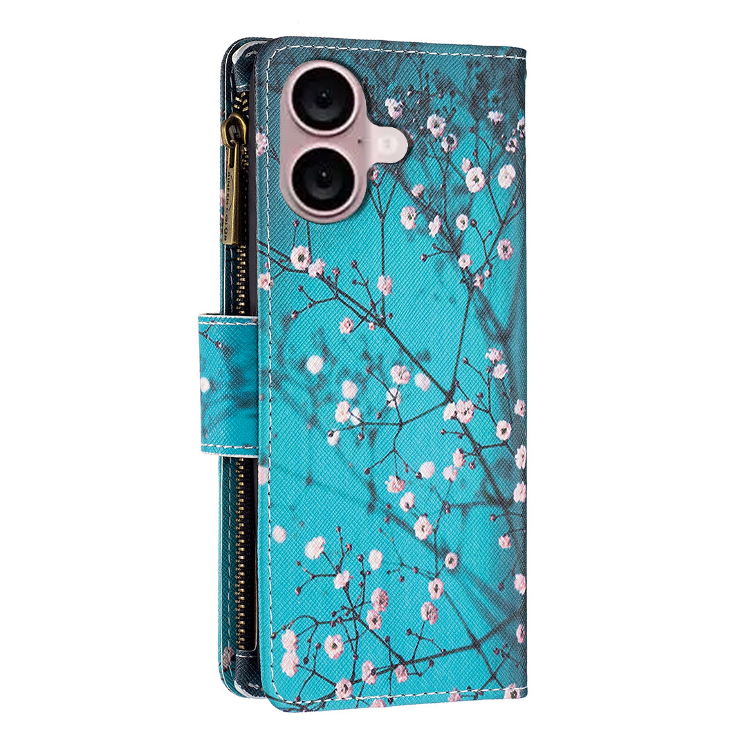 BF03 For iPhone 16 Case Pattern Printing Zipper Leather Phone Stand Cover - Plum Blossom