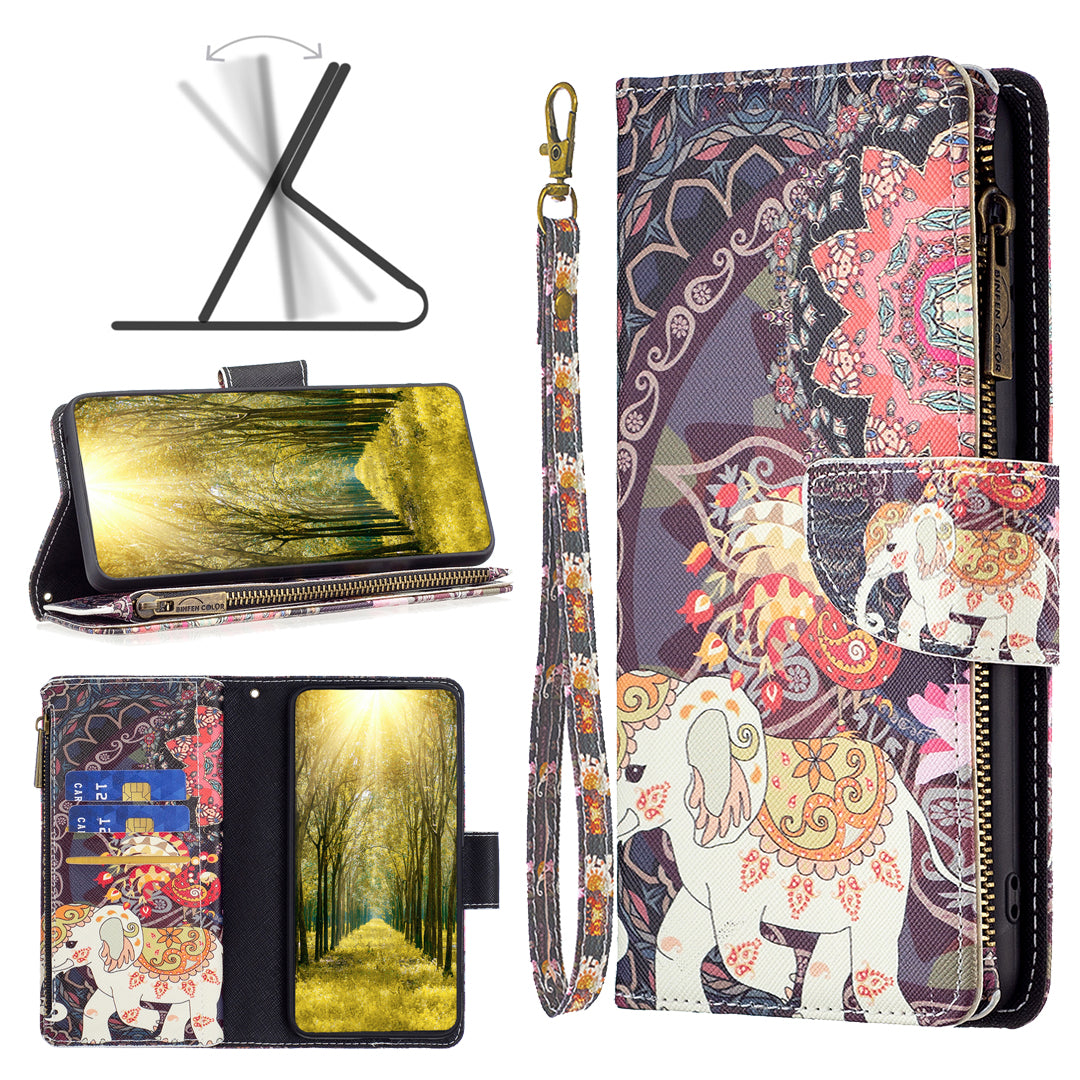 BF03 For iPhone 16 Case Pattern Printing Zipper Leather Phone Stand Cover - Flowers and Elephant