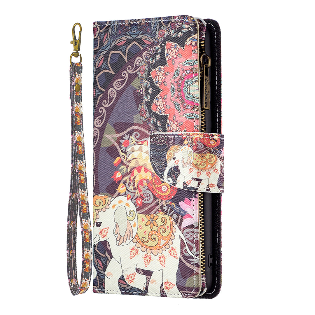 BF03 For iPhone 16 Case Pattern Printing Zipper Leather Phone Stand Cover - Flowers and Elephant