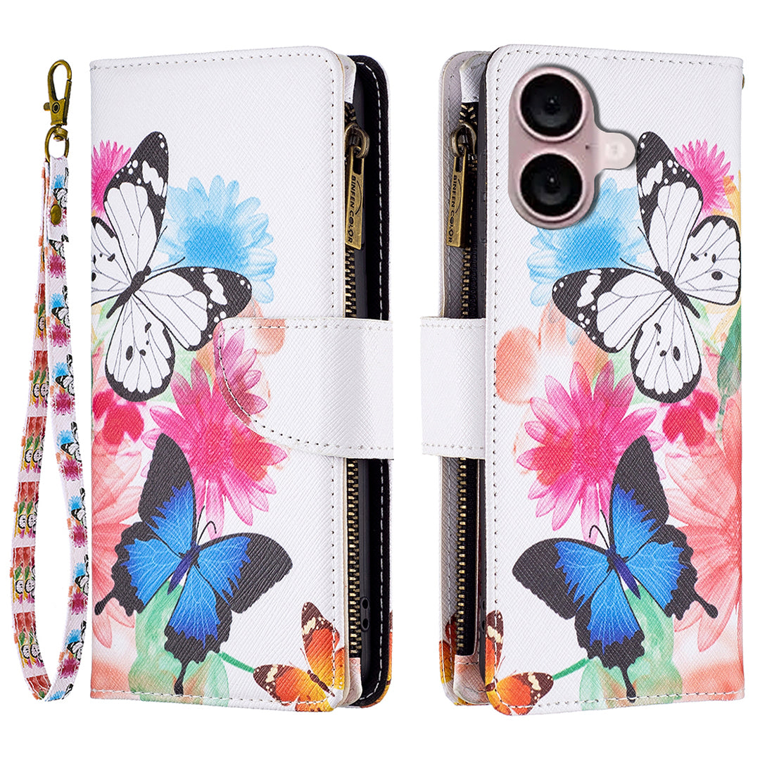 BF03 For iPhone 16 Case Pattern Printing Zipper Leather Phone Stand Cover - Two Butterflies