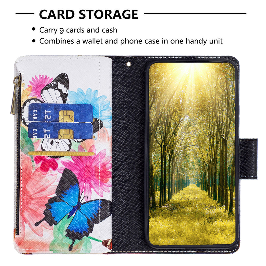 BF03 For iPhone 16 Case Pattern Printing Zipper Leather Phone Stand Cover - Two Butterflies