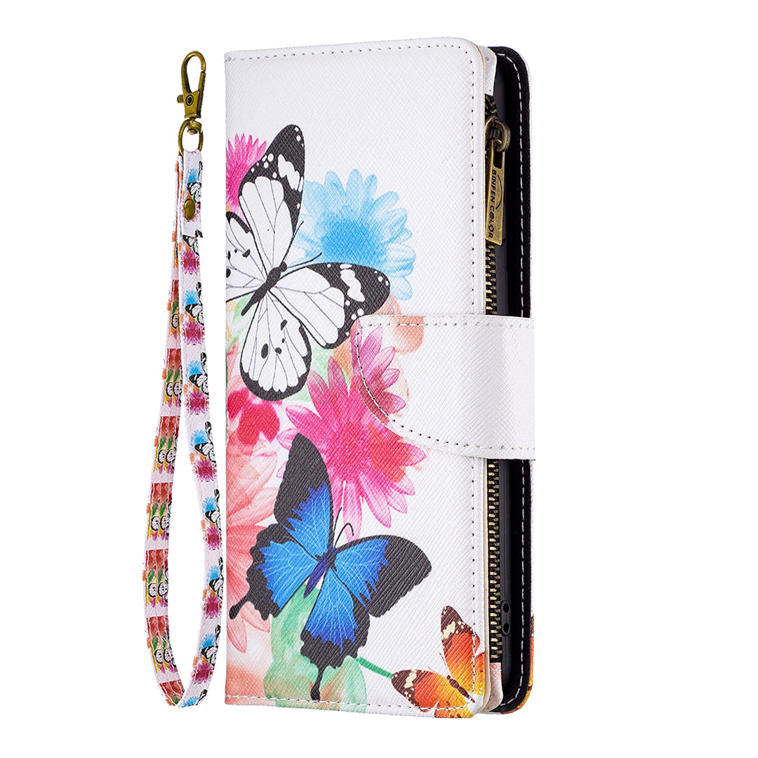 BF03 For iPhone 16 Case Pattern Printing Zipper Leather Phone Stand Cover - Two Butterflies