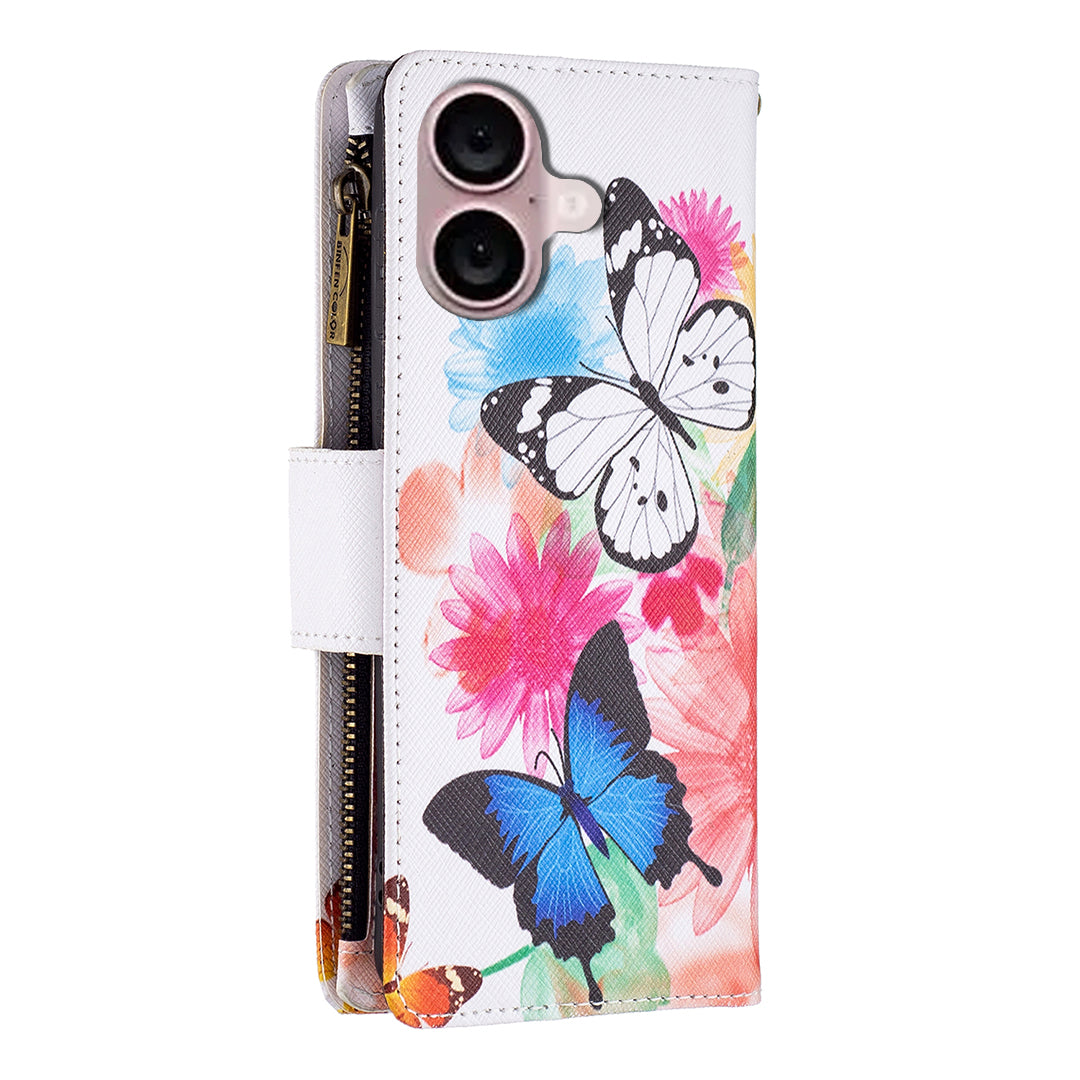 BF03 For iPhone 16 Case Pattern Printing Zipper Leather Phone Stand Cover - Two Butterflies