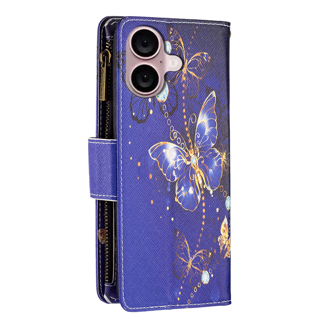 BF03 For iPhone 16 Case Pattern Printing Zipper Leather Phone Stand Cover - Purple Butterflies