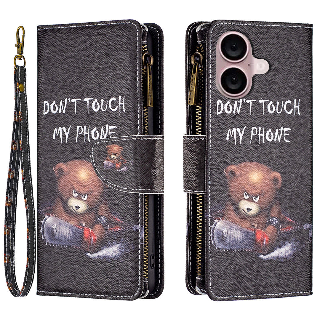 BF03 For iPhone 16 Case Pattern Printing Zipper Leather Phone Stand Cover - Bear