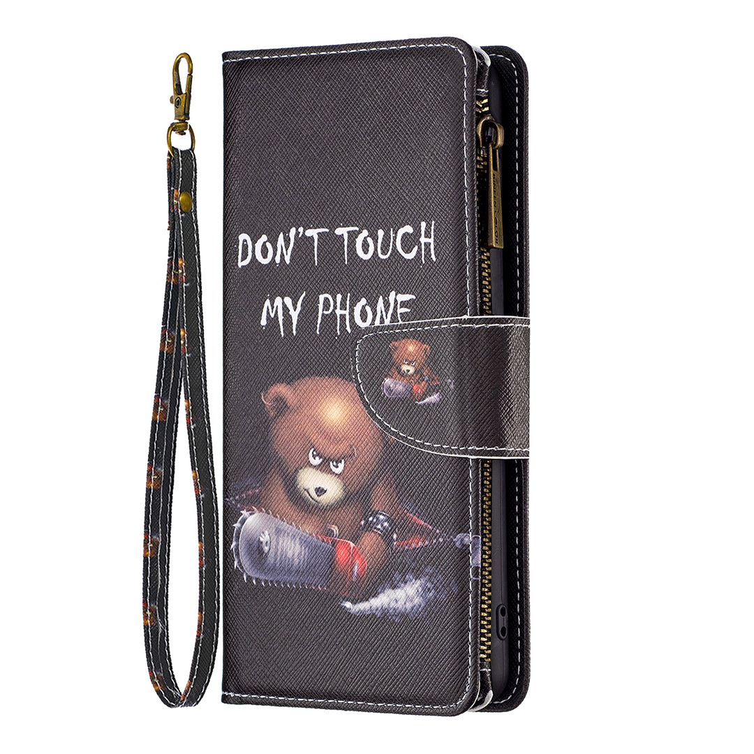 BF03 For iPhone 16 Case Pattern Printing Zipper Leather Phone Stand Cover - Bear