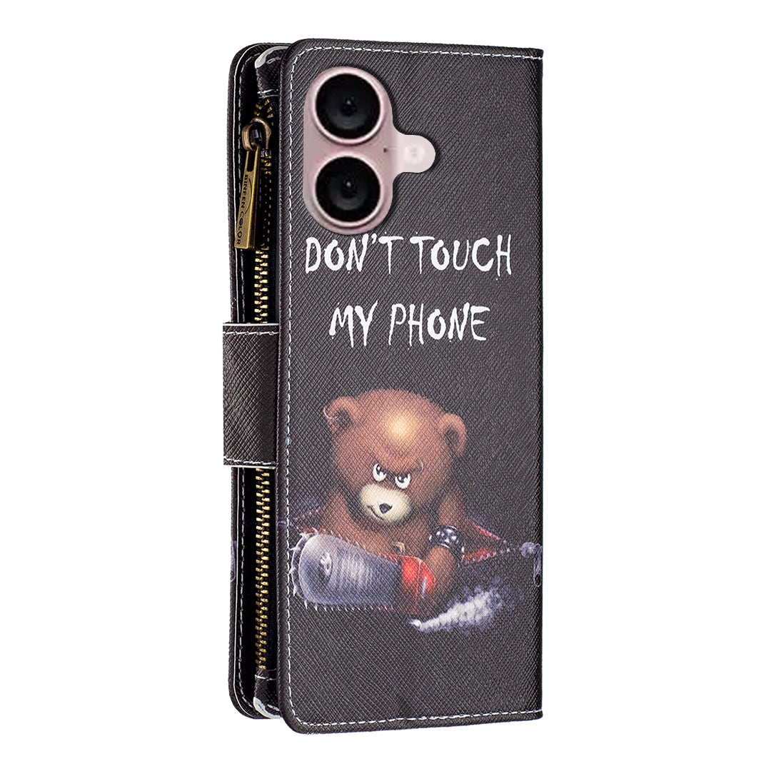 BF03 For iPhone 16 Case Pattern Printing Zipper Leather Phone Stand Cover - Bear