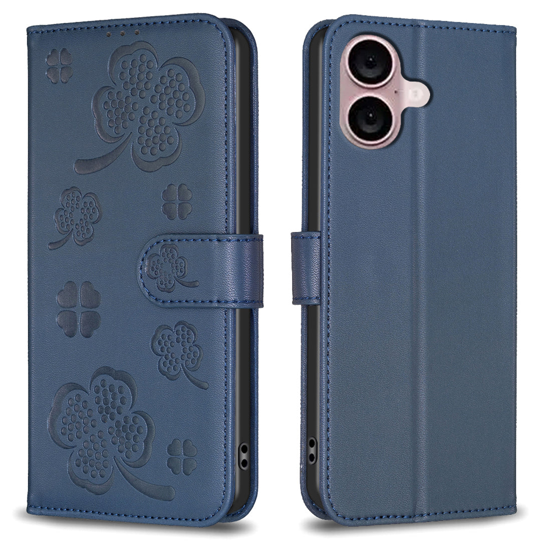 For iPhone 16 Case Lucky Clover Imprinting Wallet PU Leather Phone Cover - Blue