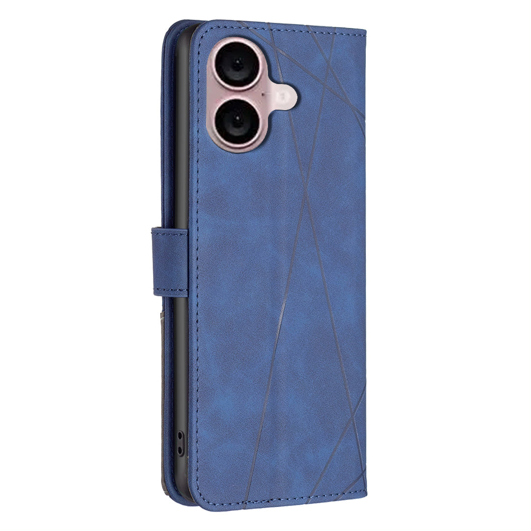 BINFEN COLOR BF05 For iPhone 16 PU Leather Case Imprinted Geometric Cell Phone Stand Cover - Blue