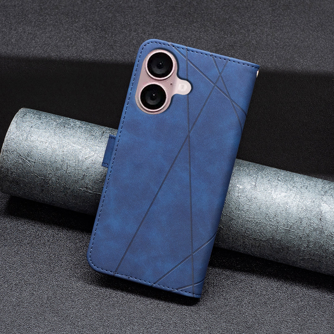 BINFEN COLOR BF05 For iPhone 16 PU Leather Case Imprinted Geometric Cell Phone Stand Cover - Blue