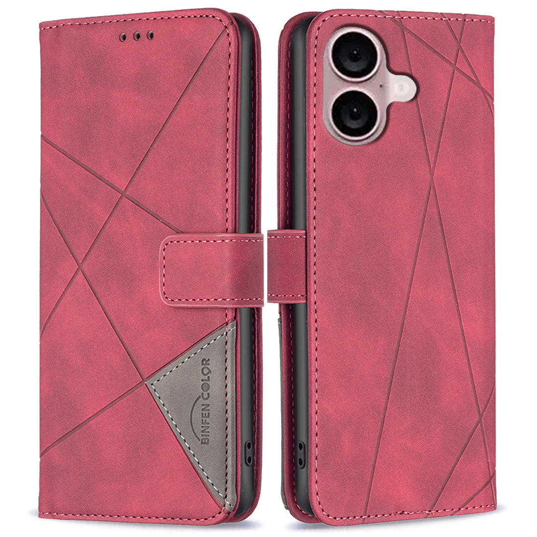 BINFEN COLOR BF05 For iPhone 16 PU Leather Case Imprinted Geometric Cell Phone Stand Cover - Red