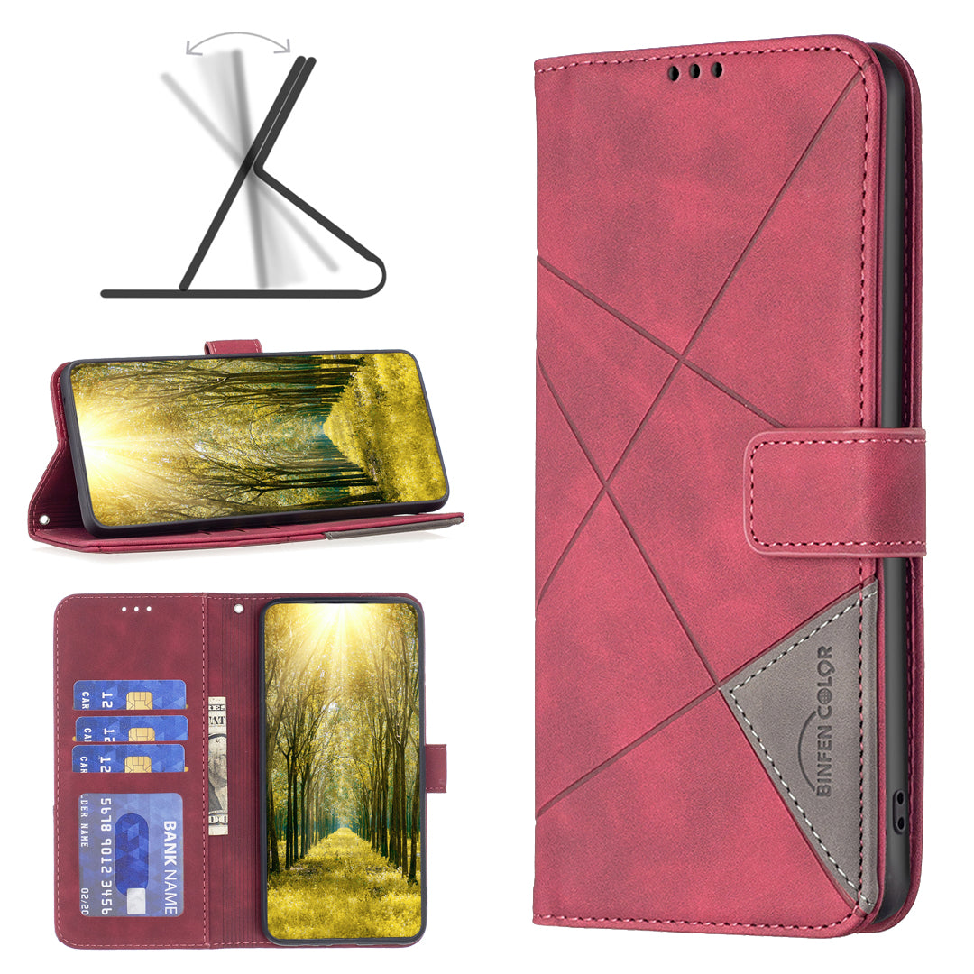 BINFEN COLOR BF05 For iPhone 16 PU Leather Case Imprinted Geometric Cell Phone Stand Cover - Red