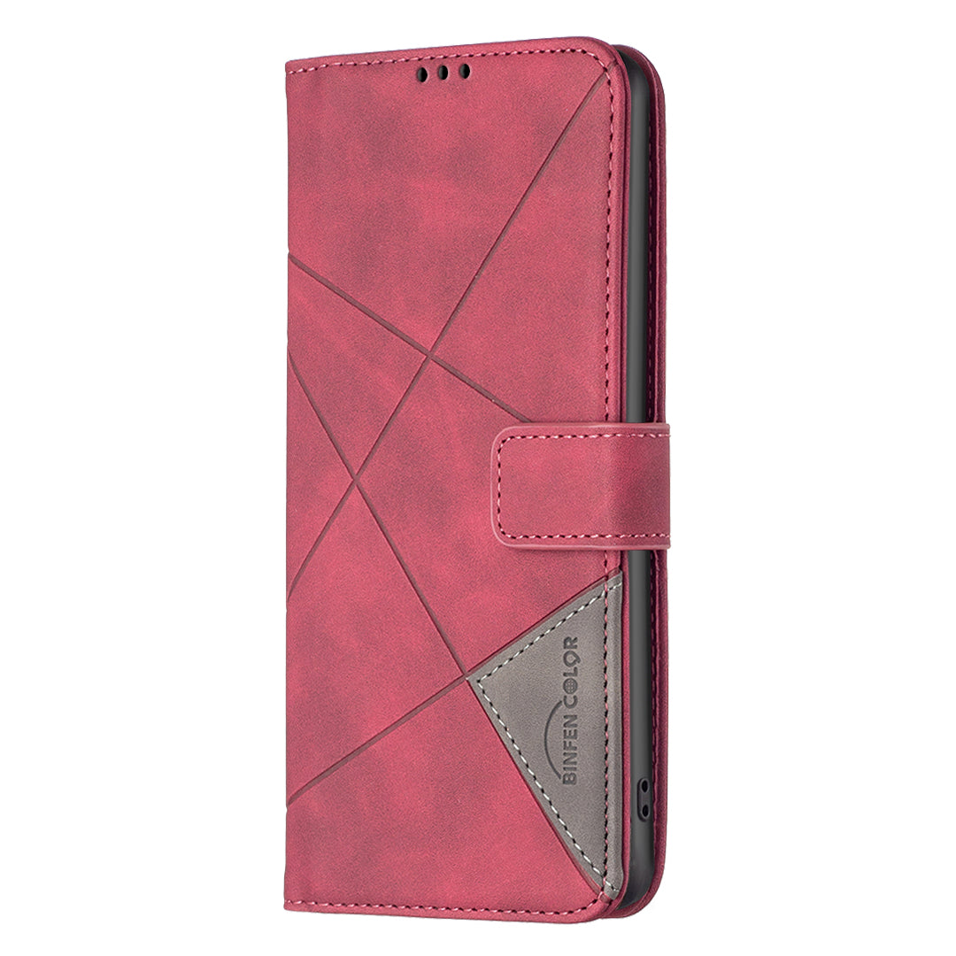 BINFEN COLOR BF05 For iPhone 16 PU Leather Case Imprinted Geometric Cell Phone Stand Cover - Red