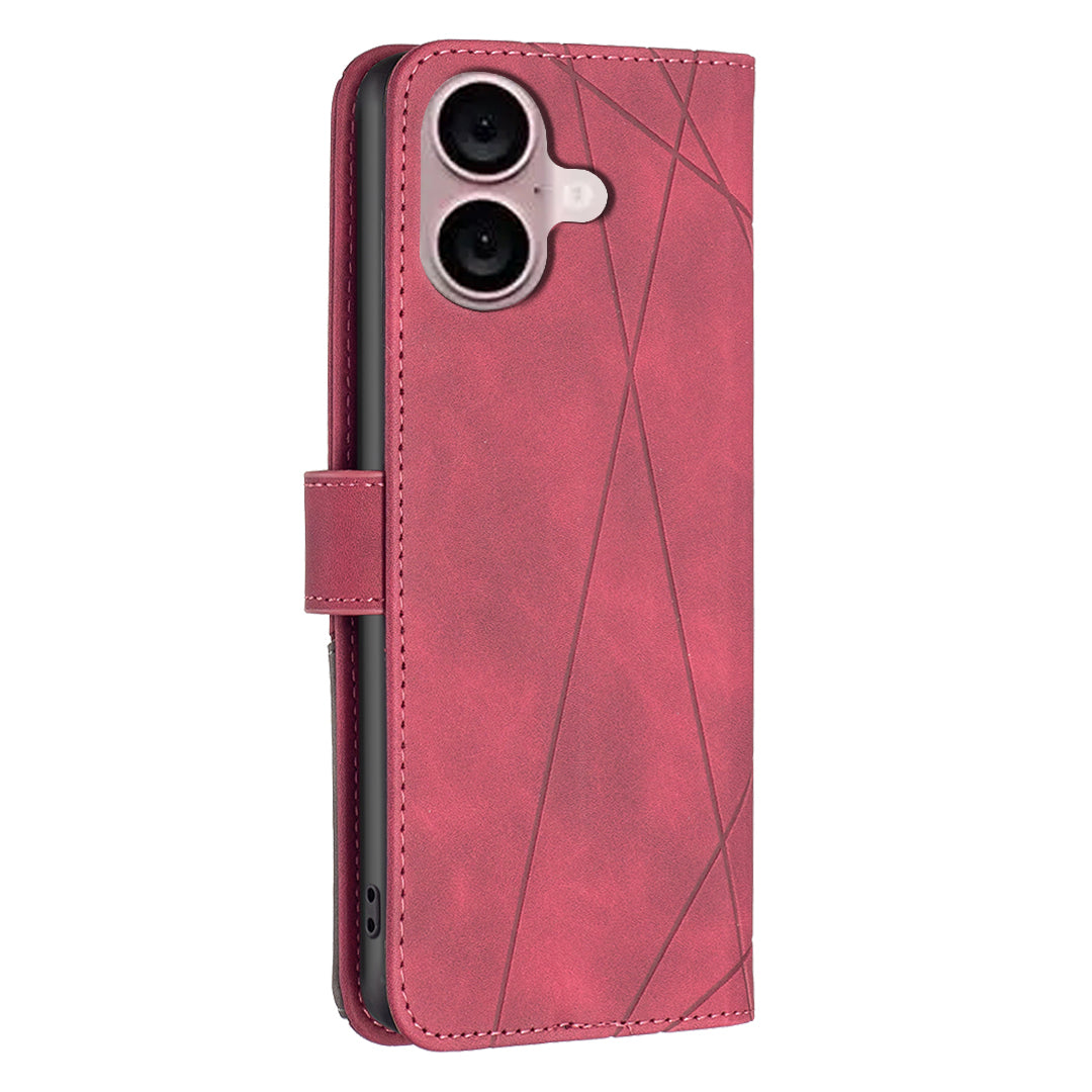 BINFEN COLOR BF05 For iPhone 16 PU Leather Case Imprinted Geometric Cell Phone Stand Cover - Red