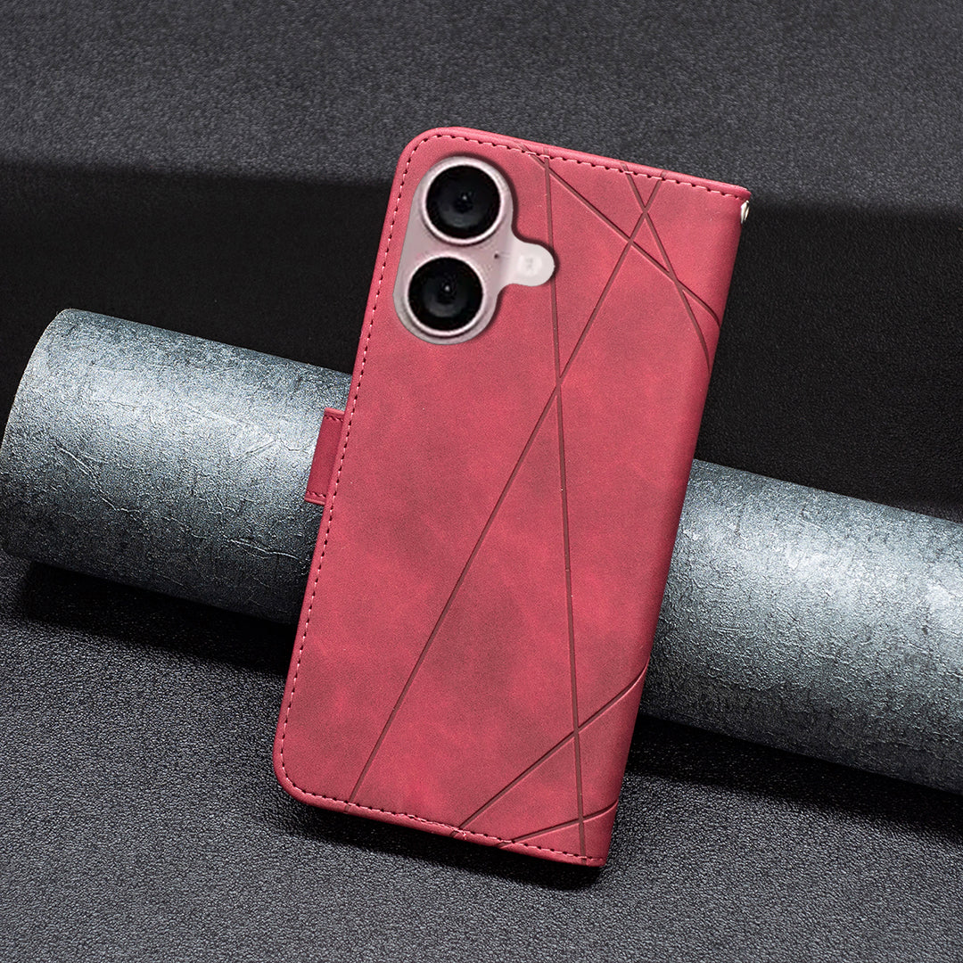 BINFEN COLOR BF05 For iPhone 16 PU Leather Case Imprinted Geometric Cell Phone Stand Cover - Red