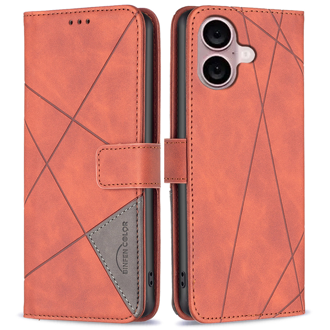 BINFEN COLOR BF05 For iPhone 16 PU Leather Case Imprinted Geometric Cell Phone Stand Cover - Orange