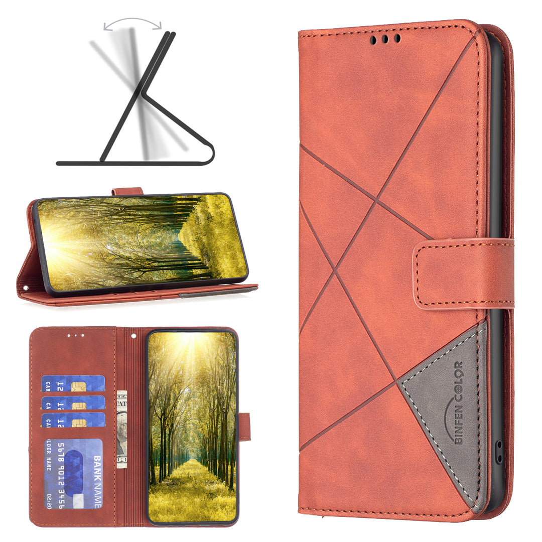 BINFEN COLOR BF05 For iPhone 16 PU Leather Case Imprinted Geometric Cell Phone Stand Cover - Orange