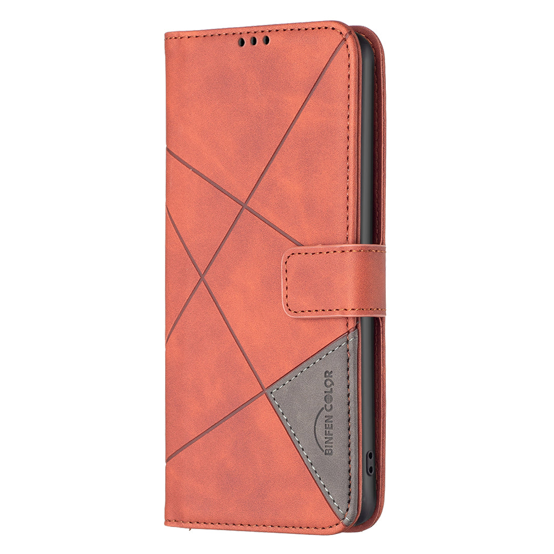 BINFEN COLOR BF05 For iPhone 16 PU Leather Case Imprinted Geometric Cell Phone Stand Cover - Orange