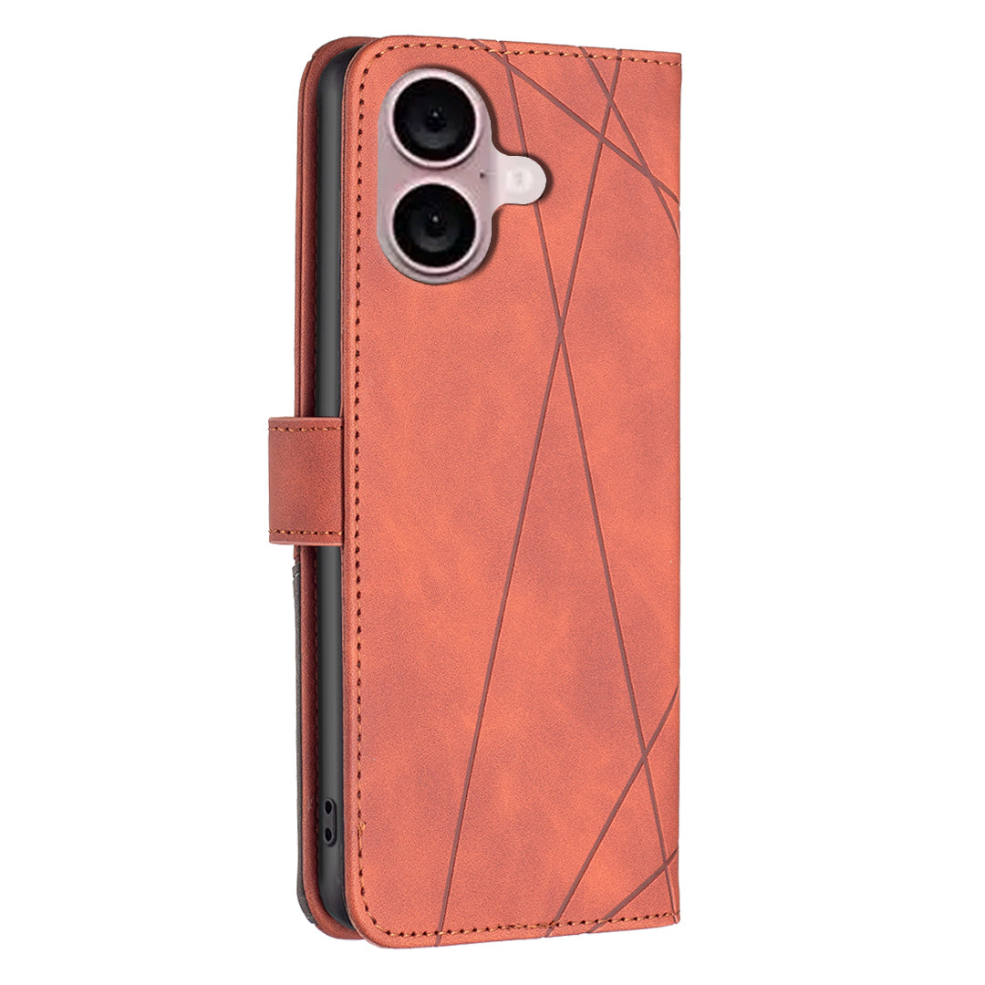 BINFEN COLOR BF05 For iPhone 16 PU Leather Case Imprinted Geometric Cell Phone Stand Cover - Orange