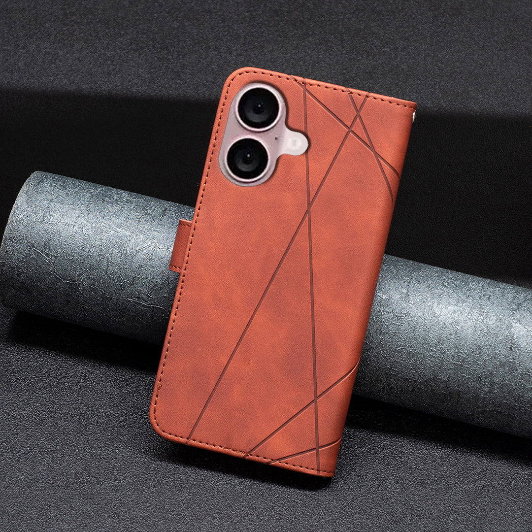 BINFEN COLOR BF05 For iPhone 16 PU Leather Case Imprinted Geometric Cell Phone Stand Cover - Orange