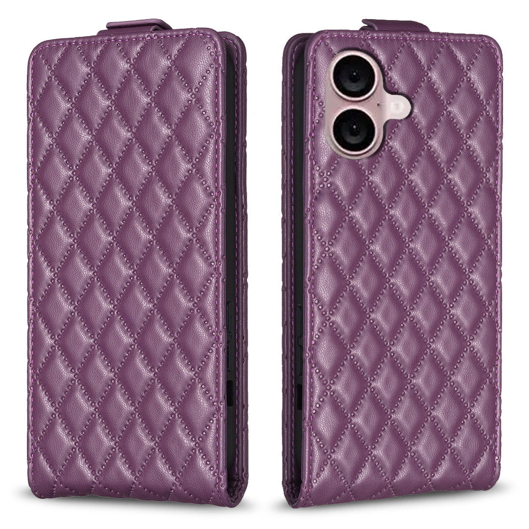 BF30 For iPhone 16 Vertical Flip Phone Case Rhombus Grid PU Leather Cell Phone Stand Cover - Dark Purple