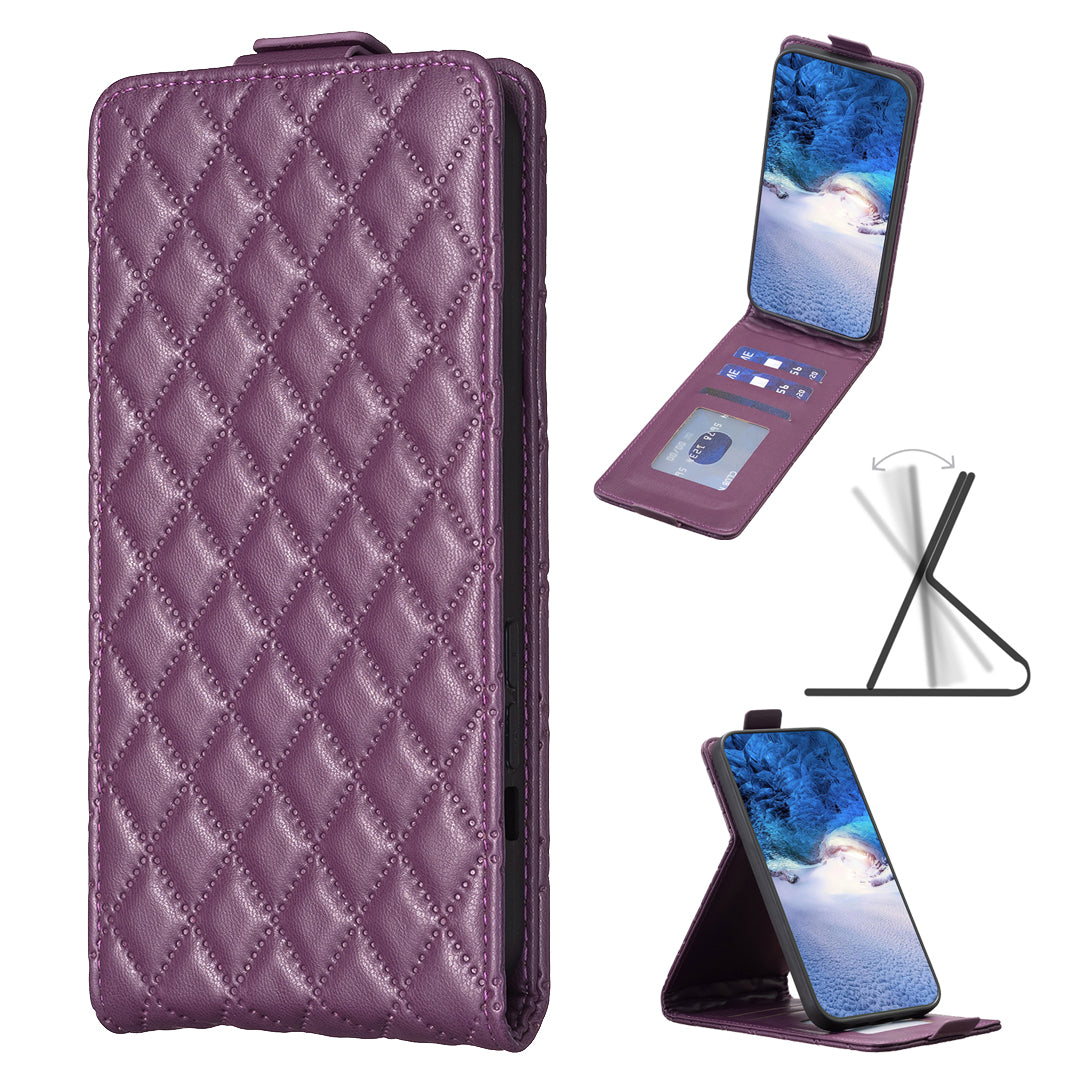 BF30 For iPhone 16 Vertical Flip Phone Case Rhombus Grid PU Leather Cell Phone Stand Cover - Dark Purple