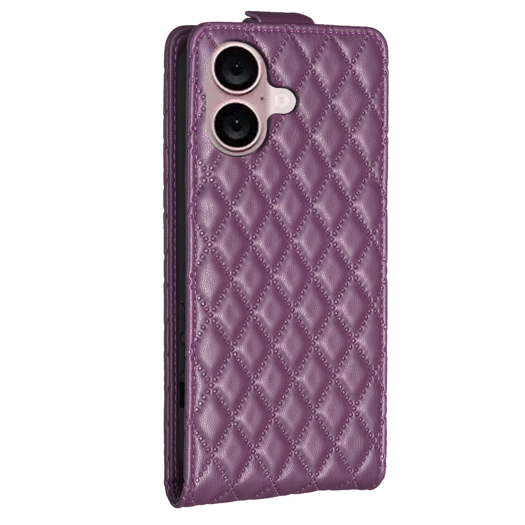 BF30 For iPhone 16 Vertical Flip Phone Case Rhombus Grid PU Leather Cell Phone Stand Cover - Dark Purple