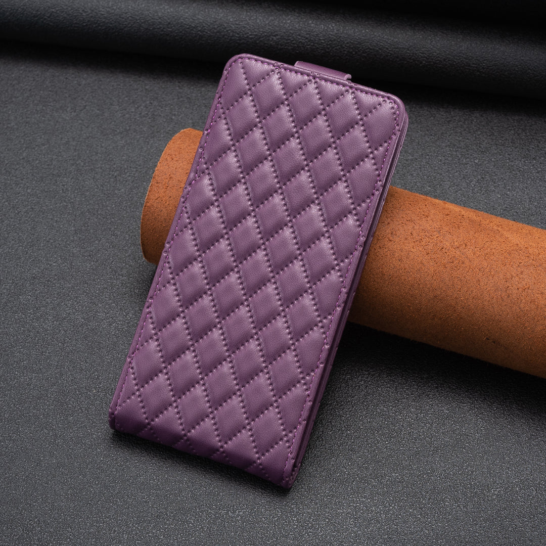 BF30 For iPhone 16 Vertical Flip Phone Case Rhombus Grid PU Leather Cell Phone Stand Cover - Dark Purple