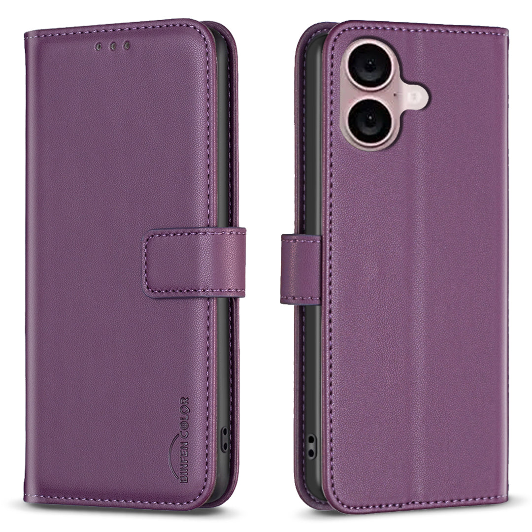 BINFEN COLOR BF17 For iPhone 16 Plus Anti-Scratch Shell PU Leather Stand Phone Case Wallet Cover - Dark Purple