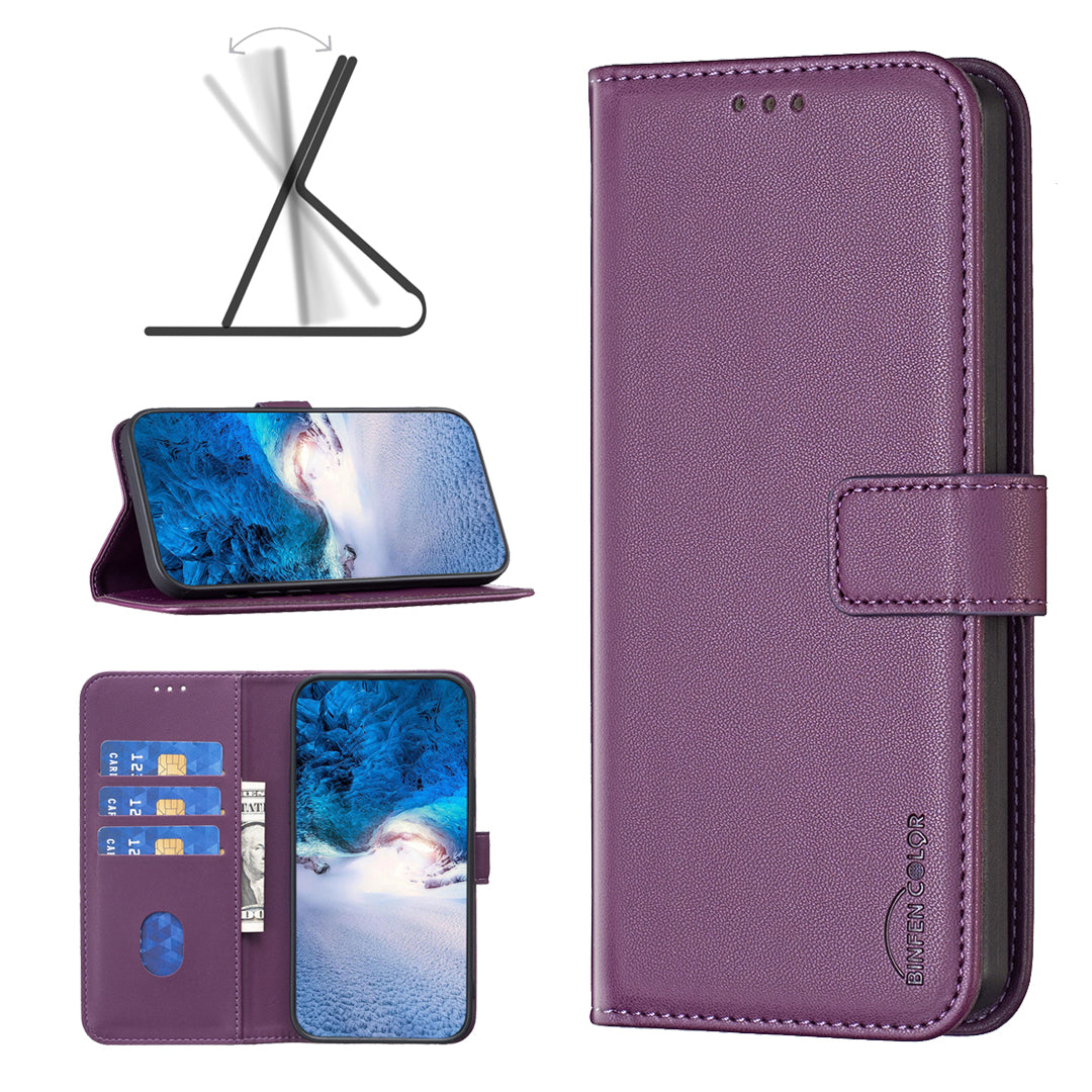 BINFEN COLOR BF17 For iPhone 16 Plus Anti-Scratch Shell PU Leather Stand Phone Case Wallet Cover - Dark Purple