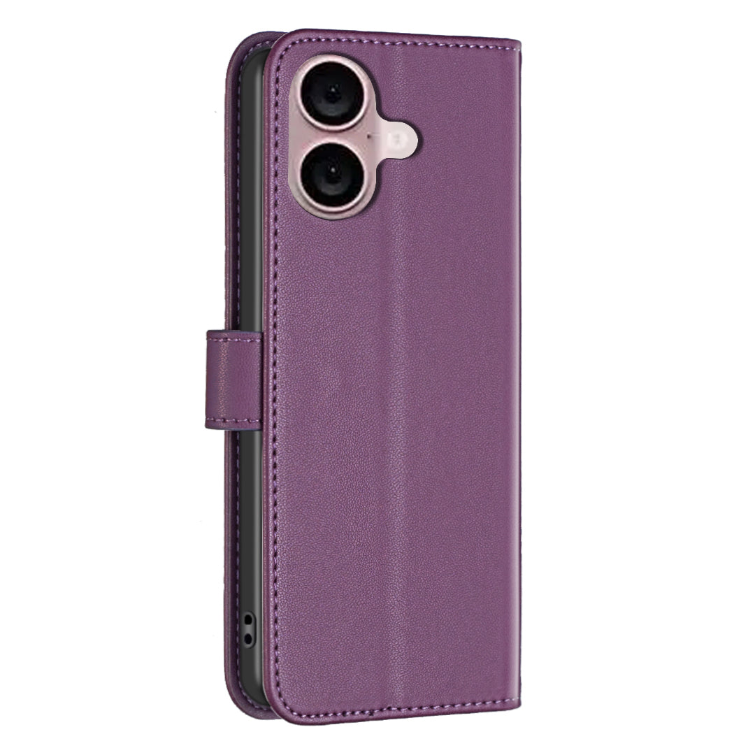 BINFEN COLOR BF17 For iPhone 16 Plus Anti-Scratch Shell PU Leather Stand Phone Case Wallet Cover - Dark Purple