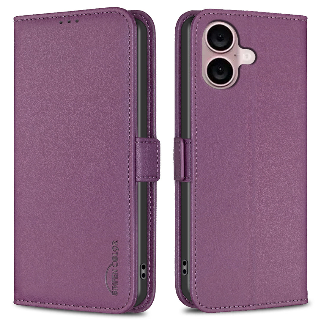 BINFEN COLOR BF31 For iPhone 16 Plus Wholesale Phone Case PU Leather Phone Stand Wallet Cover - Dark Purple