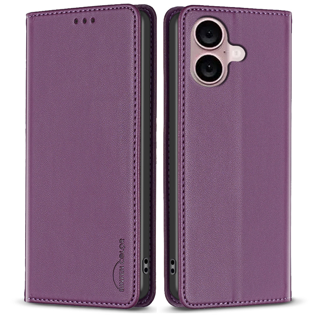 BINFEN COLOR BF18 For iPhone 16 Plus Case Magnetic Closing Leather Anti-scratch Phone Cover - Dark Purple