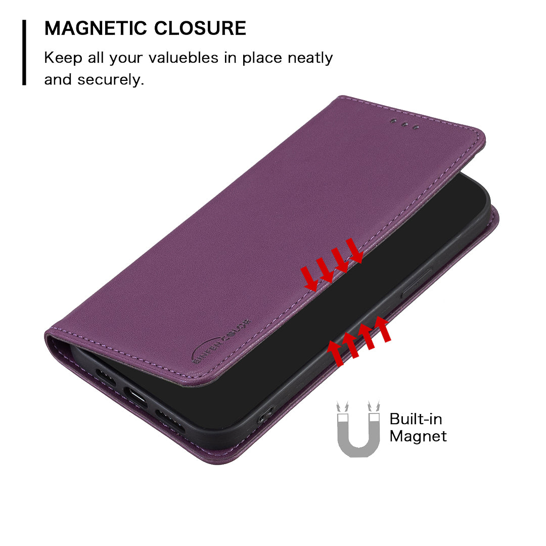 BINFEN COLOR BF18 For iPhone 16 Plus Case Magnetic Closing Leather Anti-scratch Phone Cover - Dark Purple