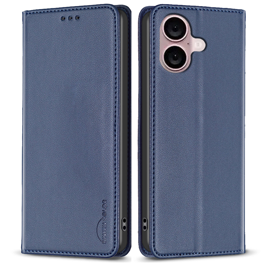 BINFEN COLOR BF18 For iPhone 16 Case Magnetic Closing PU Leather Card Holder Phone Cover - Blue