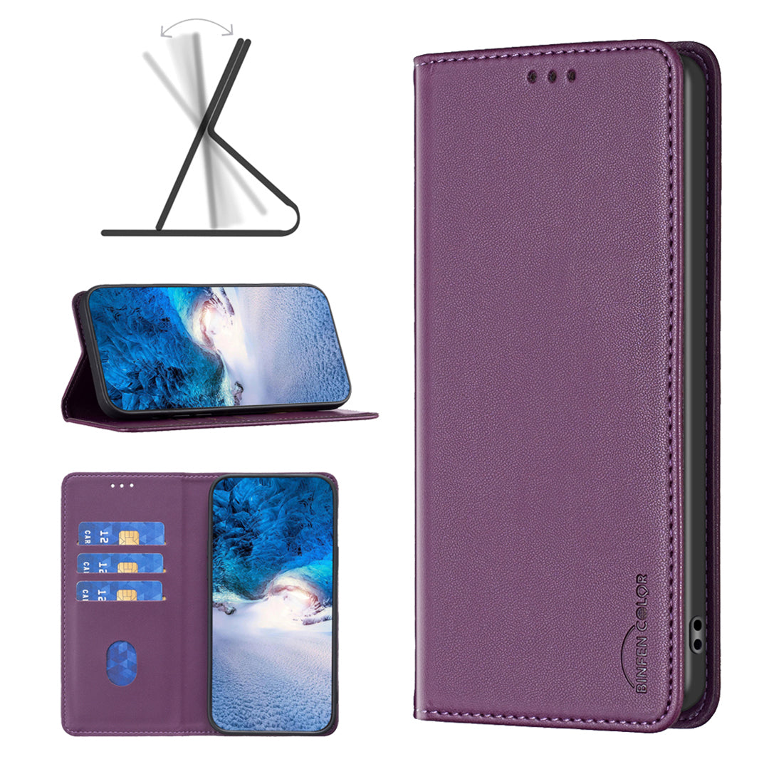 BINFEN COLOR BF18 For iPhone 16 Case Magnetic Closing PU Leather Card Holder Phone Cover - Dark Purple