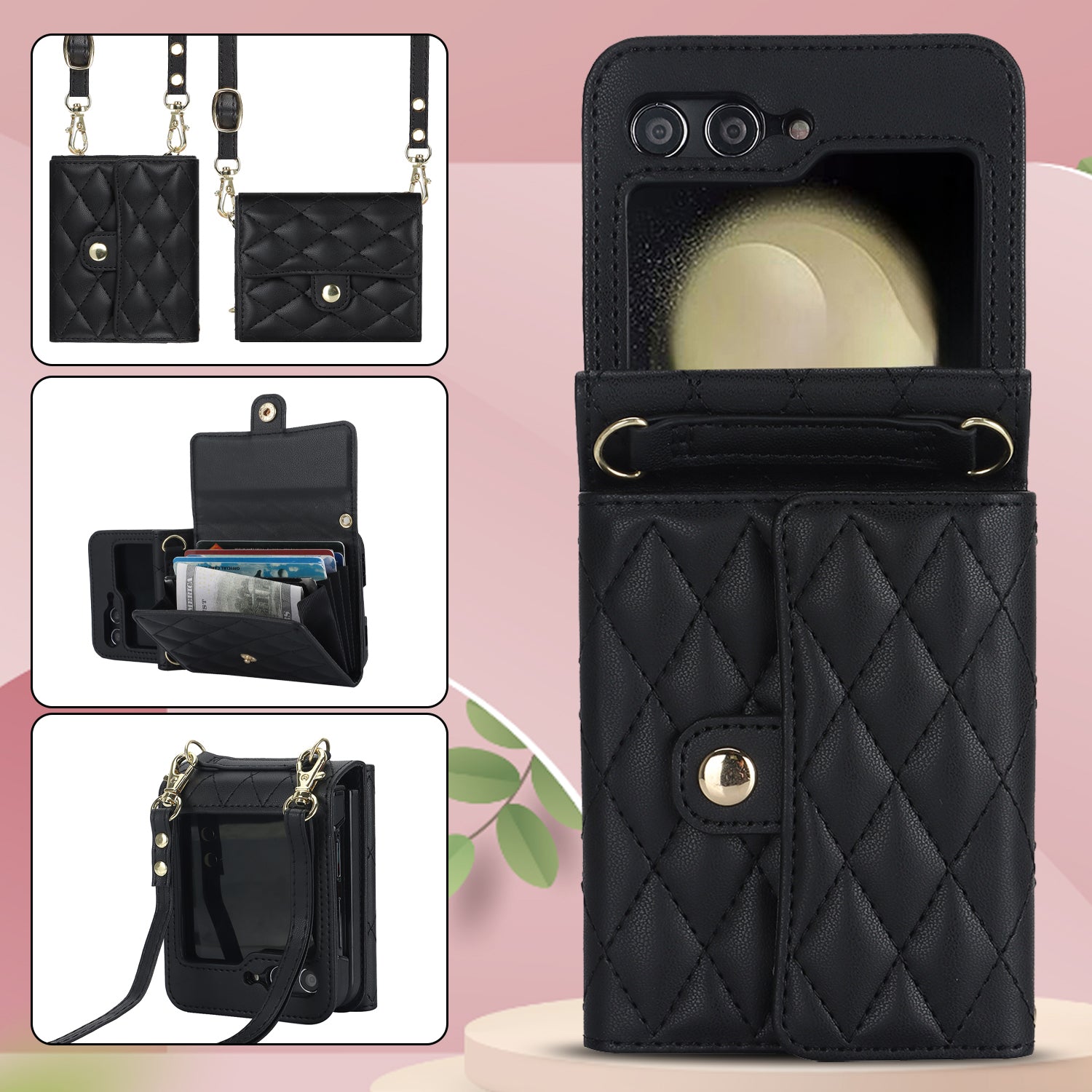 ZD 03 for Samsung Galaxy Z Flip6 5G Case Bag Design PU Leather Crossbody Phone Cover RFID Blocking - Black